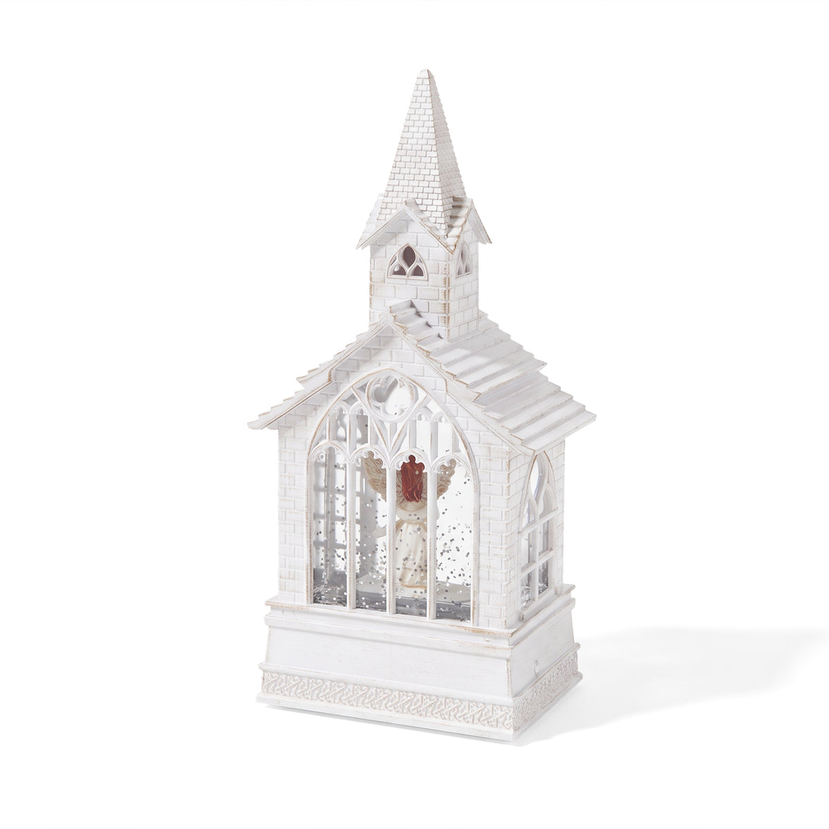 LED-Wasserlaterne in Kirchenform mit Engel, Glitzerwirbel und 2 Weihnachtsmelodien, 11x7,8x23cm, Weiß