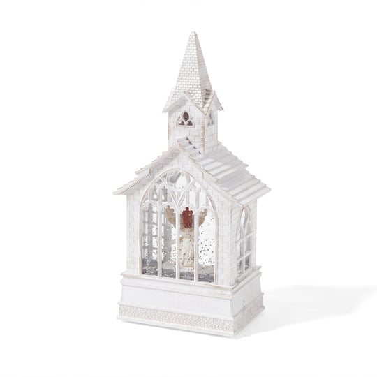 LED-Wasserlaterne in Kirchenform mit Engel, Glitzerwirbel und 2 Weihnachtsmelodien, 11x7,8x23cm, Weiß
