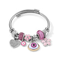 Charm-Armband mit Augenmotiv, Kunstharz und weißem Kristall, 316L-Edelstahl, emailliert, flexibel, silberfarben und rosa