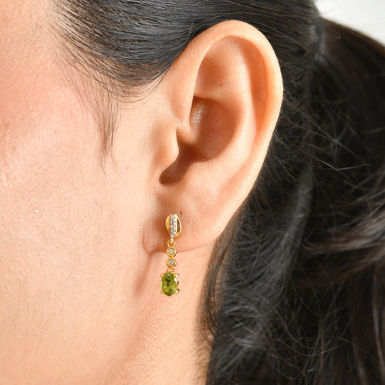 D'Joy Peridot Arizona, Weißer Zirkon Ohrringe 925 Silber 750 Vergoldet ca. 1,19 ct.