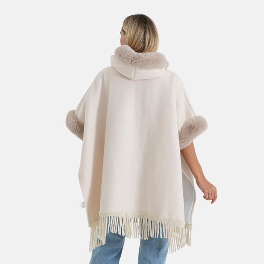 La Marey signature Faux Fur thick poncho with tassel and fleece lining