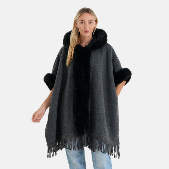 La Marey signature Faux Fur thick poncho with tassel and fleece lining