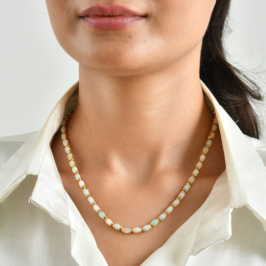 D'Joy AA natürliche, äthiopische Welo Opal 50cm Halskette, 925 Silber 750 Gelbgold Vermeil - 19,40 ct.