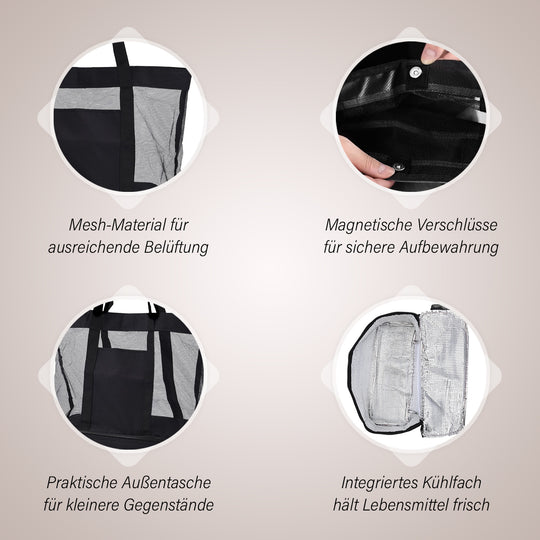 Zweistöckige Netz-Einkaufstasche mit Kühlfach, 37x15x42cm, schwarz