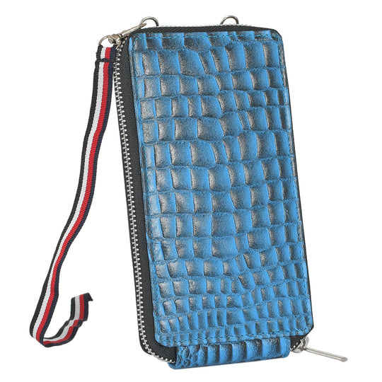 100% echte Leder Crossbody Handy-Geldbörse mit RFID Schutz und Krokoprägung, Blau