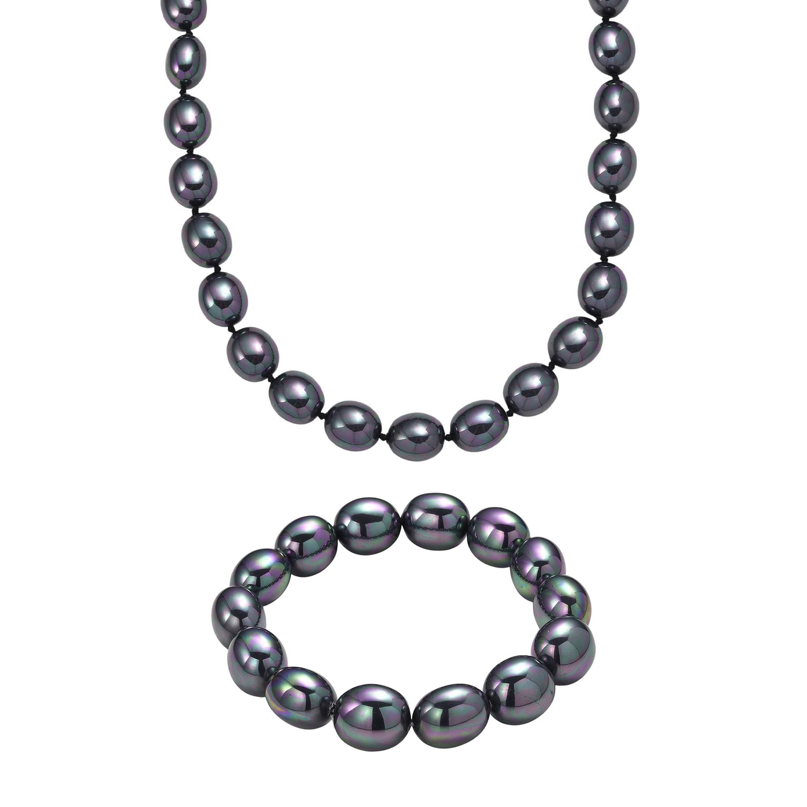 Pfaufarbene Oval Muschelkernperle 50cm Halskette und flexibles Armband