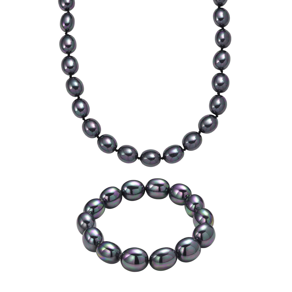 Pfaufarbene Oval Muschelkernperle 50cm Halskette und flexibles Armband