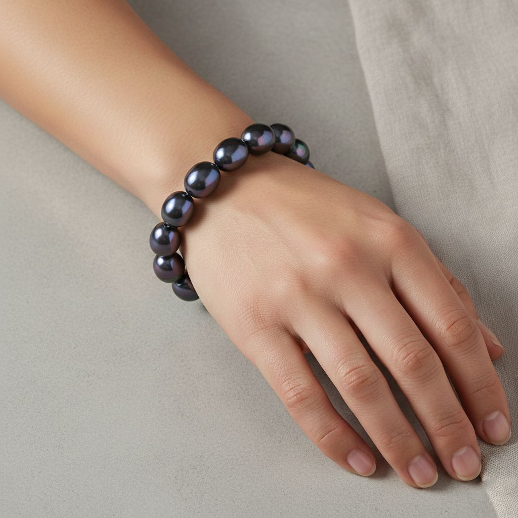 Pfaufarbene Oval Muschelkernperle 50cm Halskette und flexibles Armband