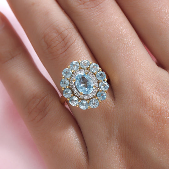 Kambodschanischer, blauer Zirkon-Ring, 925 Silber vergoldet ca. 5,79 ct