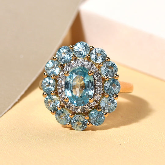 Kambodschanischer, blauer Zirkon-Ring, 925 Silber vergoldet ca. 5,79 ct