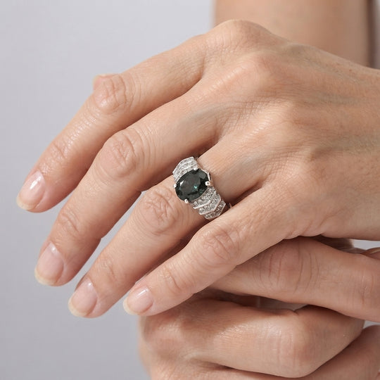 D'Joy Alexandrit Quarz Triplette, Weißer Zirkon Ring 925 Silber Rhodiniert (Größe 19.00) ca. 3,30 ct