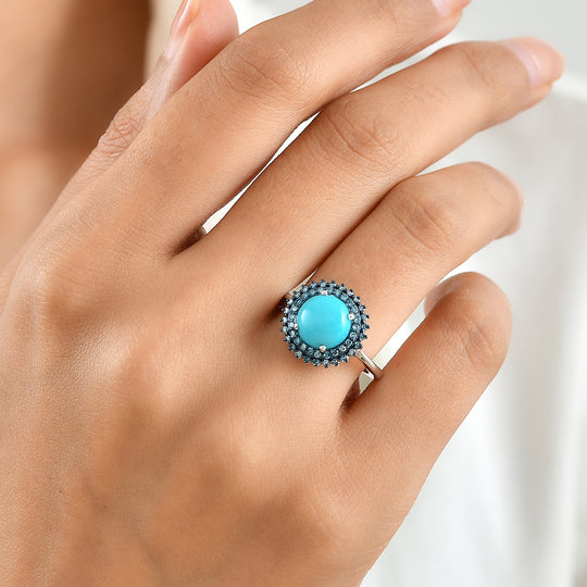 LUXURIANT DIAMOND - Azurglanz-Ring mit AA Sleeping Beauty Türkis und Lab Grown blauem Diamant, 925 Silber rhodiniert (Größe 20.00), ca. 2.87 ct
