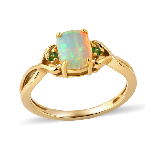 D'Joy AA natürlicher, äthiopischer Welo Opal und Moissanit Ring, 925 Silber 750 vergoldet - 0,98 ct.