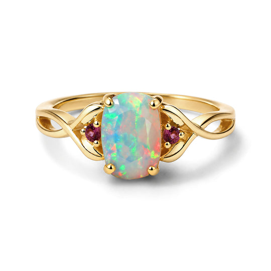 D'Joy AA natürlicher, äthiopischer Welo Opal und rosa Turmalin Ring, 925 Silber 750 vergoldet - 0,98 ct.