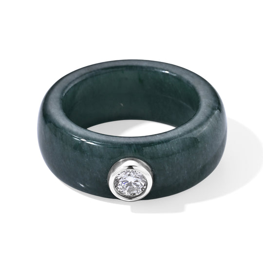 EXTREM SELTEN - Type A Natürlicher Olmek Jadeit, Lab Grown Diamant (0,25) Ring 925 Silber  Rhodiniert (Größe 20.00) ca. 7.75 ct