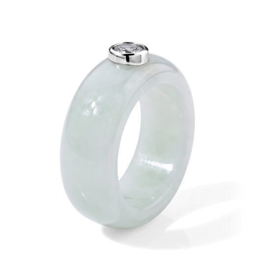 LUXURIANT 26,33 ct. AA natürlicher weißer Jade und Labor Diamant Ring, 925 Silber rhodiniert