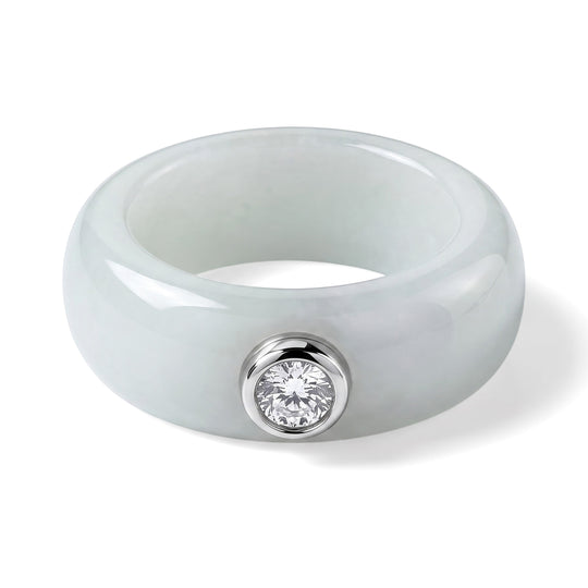 LUXURIANT 26,33 ct. AA natürlicher weißer Jade und Labor Diamant Ring, 925 Silber rhodiniert