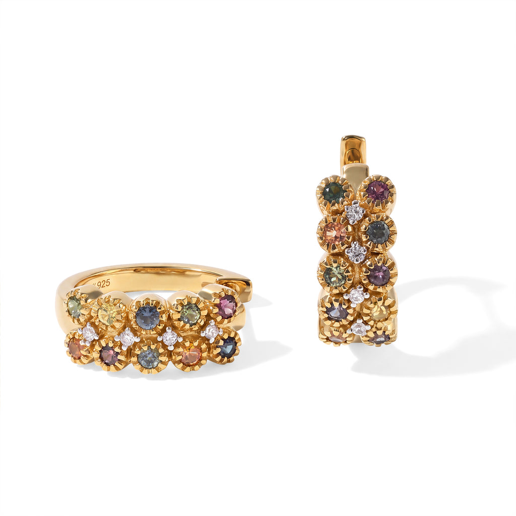 D'Joy Mehrfarbig Saphir, Weißer Zirkon Ohrringe 925 Silber 750 Gelbgold vermeil ca. 1,09 ct.