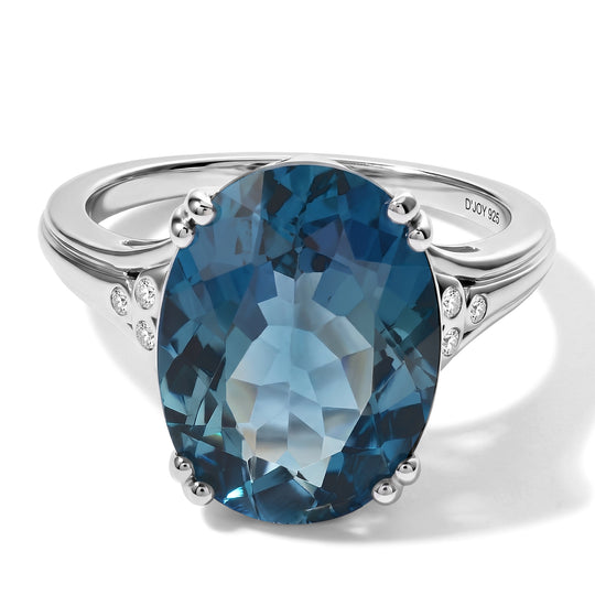 D'Joy London Blau Topas, Weißer Diamant Ring 925 Silber Rhodiniert (Größe 19.00) ca. 11,39 ct
