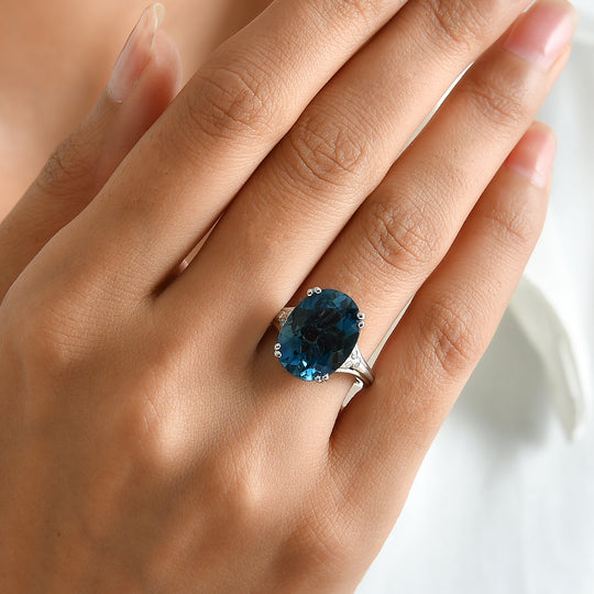 D'Joy London Blau Topas, Weißer Diamant Ring 925 Silber Rhodiniert (Größe 19.00) ca. 11,39 ct