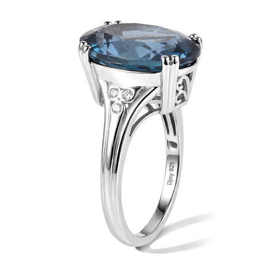 D'Joy London Blau Topas, Weißer Diamant Ring 925 Silber Rhodiniert (Größe 19.00) ca. 11,39 ct