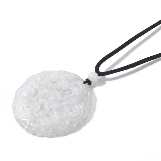 Natürliche 145 ct. weiße Jade flexible 76cm Halskette mit geschnitztem Drachenanhänger und Baumwollkordel