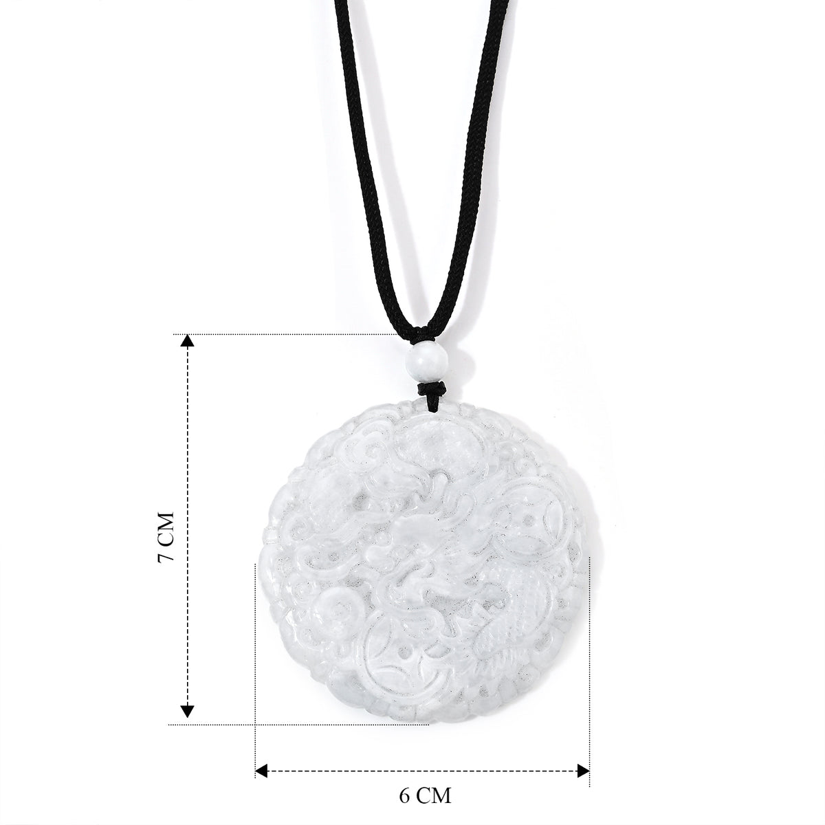 Natürliche 145 ct. weiße Jade flexible 76cm Halskette mit geschnitztem Drachenanhänger und Baumwollkordel