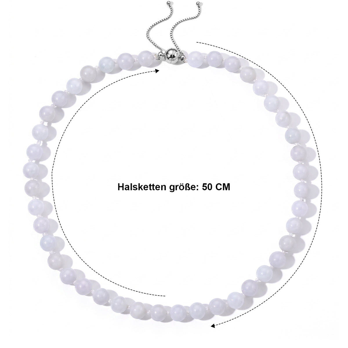 D'Joy 382,50 ct. natürliche weiße Jade 50+5cm Halskette, 925 Silber rhodiniert
