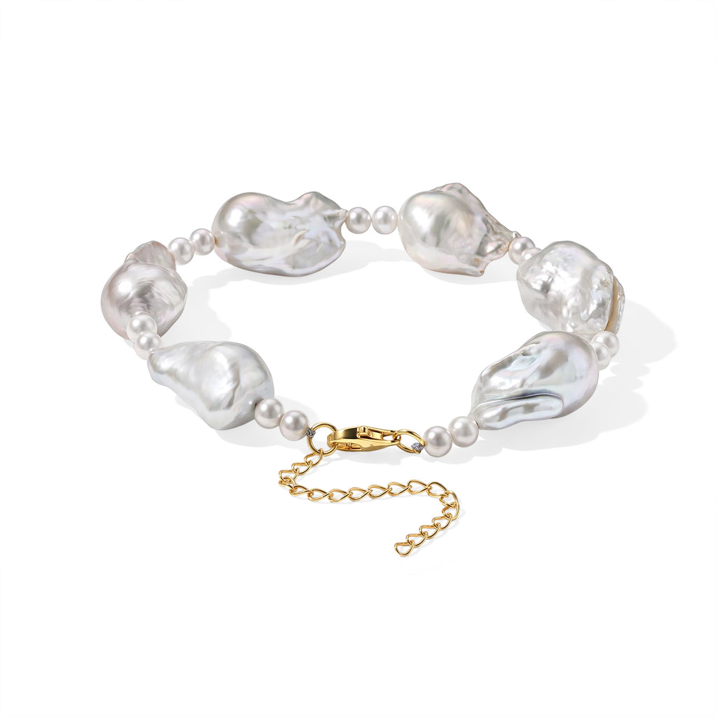 D'Joy Weiße Barockperle, Zhuji Akoya-Perle (4-5mm) Armband ca. 20 cm 925 Silber Vergoldet