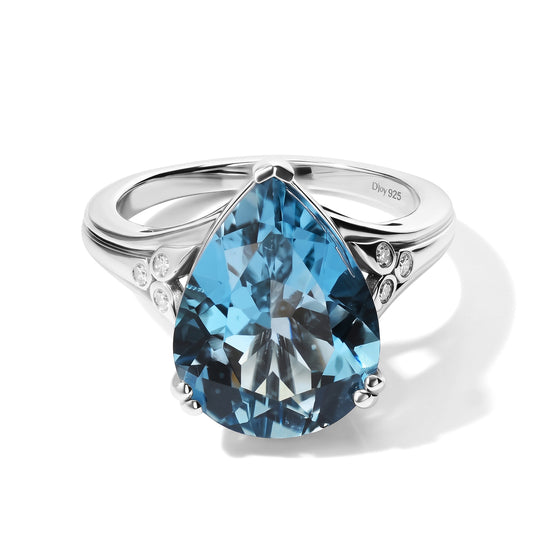 D'Joy London Blau Topas, Weißer Diamant Ring 925 Silber Rhodiniert (Größe 19.00) ca. 9,59 ct