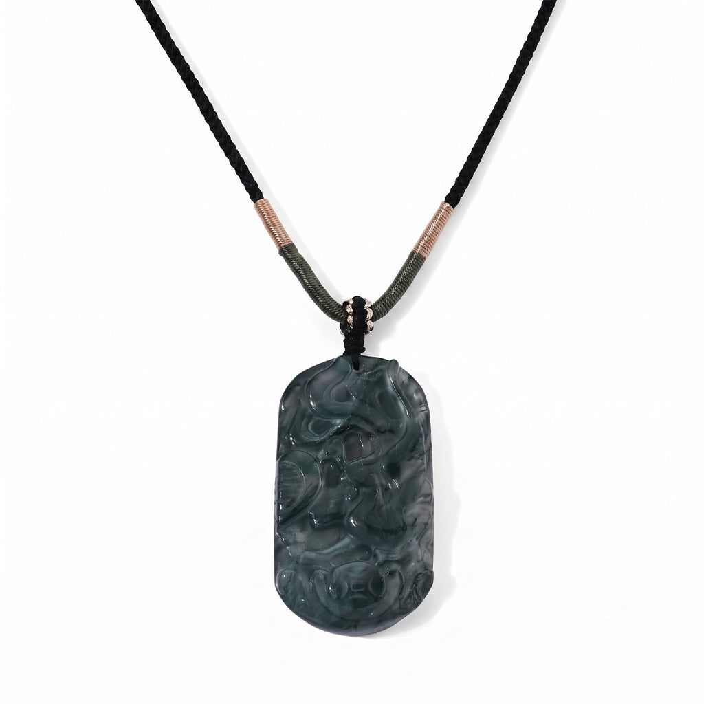 Moosachat flexible 66cm Halskette mit geschnitztem Phönix und Baumwollkordel - 76,50 ct.