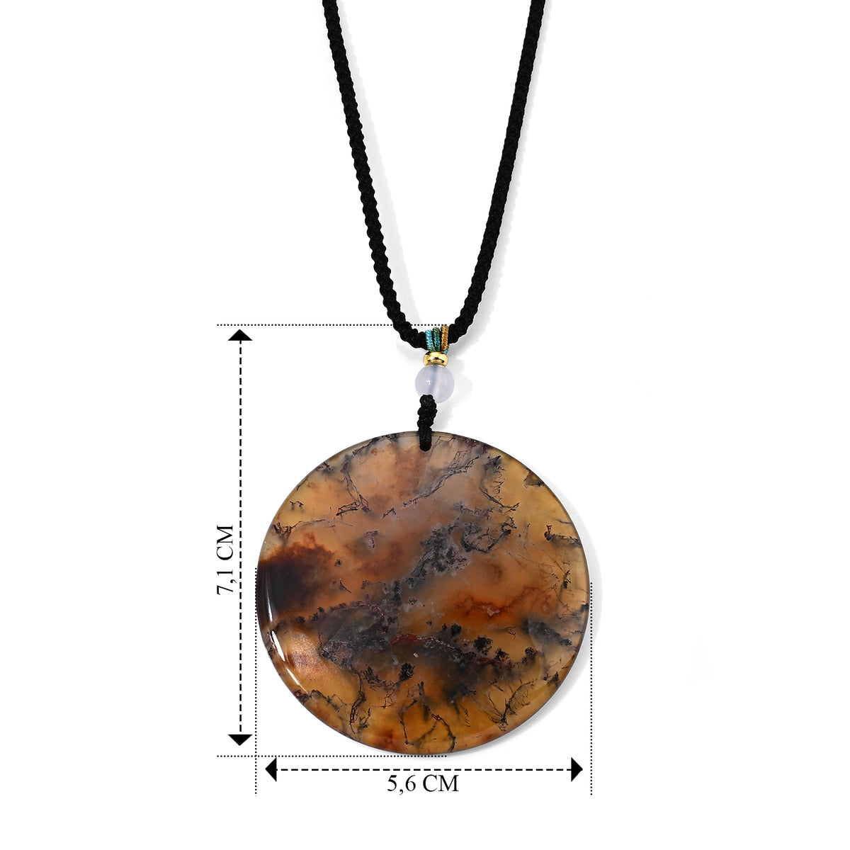Moosachat flexible 66cm Halskette mit rundem Anhänger und Baumwollkordel - 140.00 ct.