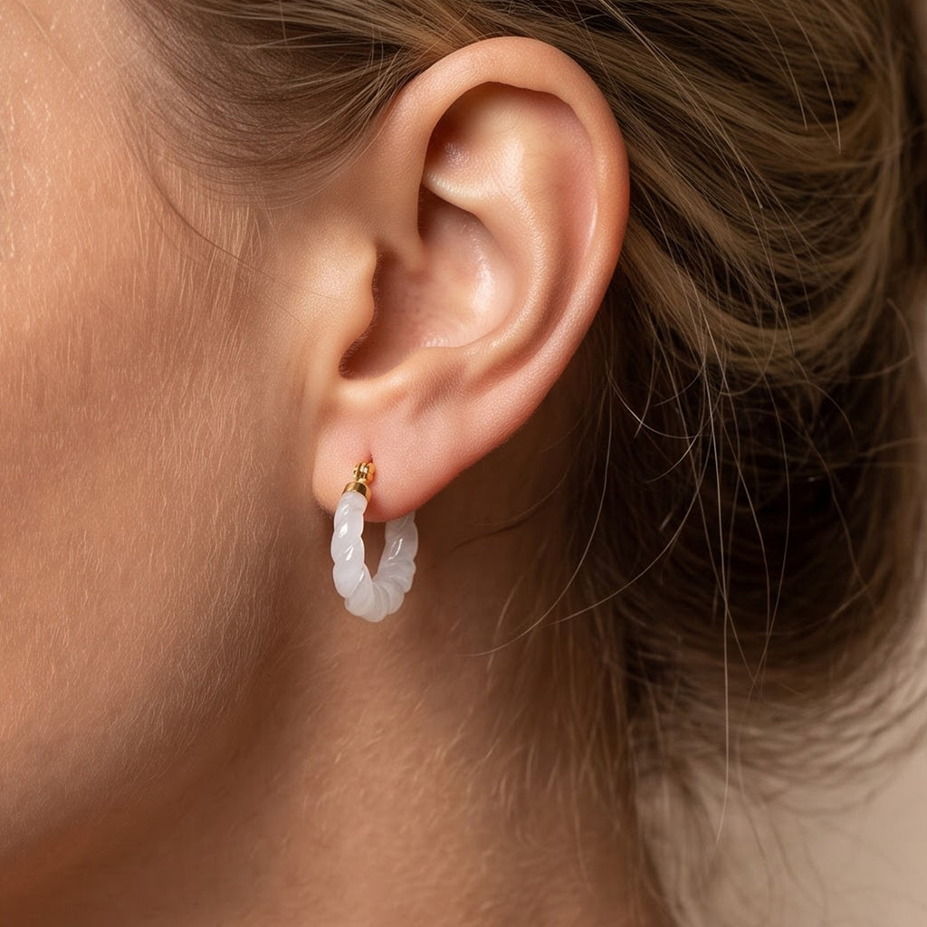 Weiße Jade Ohrringe 925 Silber Vergoldet ca. 25,00 ct.