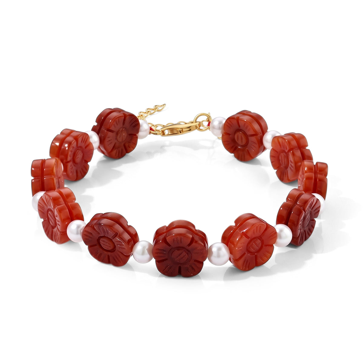 D'Joy Rote Jade, Chinesische Akoya-Perle (5-6mm) Armband (4-5 Werktage Lieferzeit) ca. 20 cm 925 Silber Vergoldet 80.01 ct