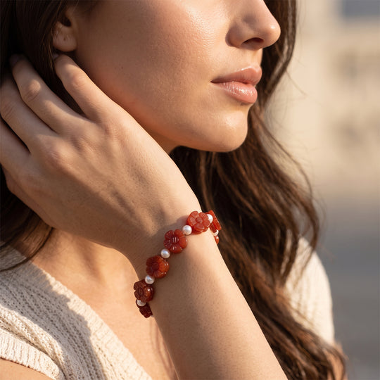D'Joy Rote Jade, Chinesische Akoya-Perle (5-6mm) Armband (4-5 Werktage Lieferzeit) ca. 20 cm 925 Silber Vergoldet 80.01 ct