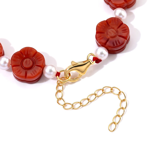 D'Joy Rote Jade, Chinesische Akoya-Perle (5-6mm) Armband (4-5 Werktage Lieferzeit) ca. 20 cm 925 Silber Vergoldet 80.01 ct
