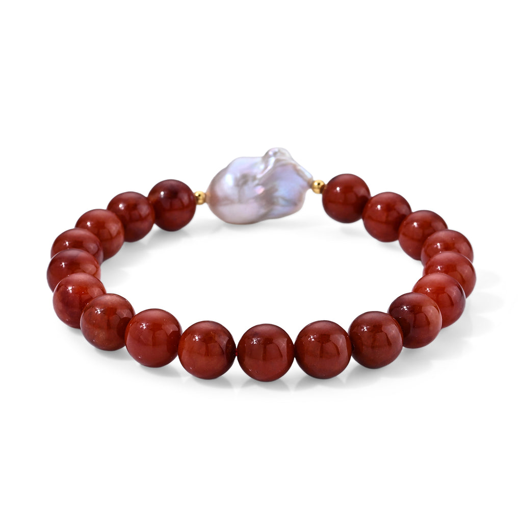 D'Joy Rote Jade, Weiße Barockperle Armband (4-5 Werktage Lieferzeit) ca. 18 cm 925 Silber Vergoldet 120.01 ct