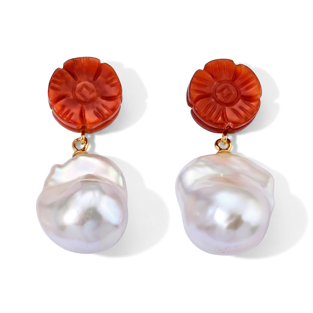 D'Joy Rote Jade, Weiße Barockperle Ohrringe 925 Silber Vergoldet