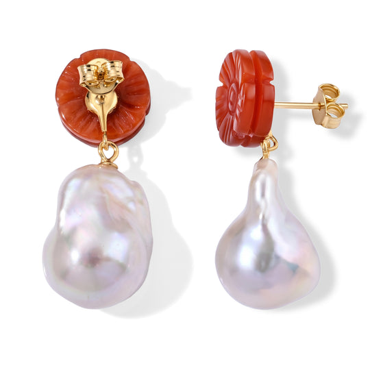 D'Joy Rote Jade, Weiße Barockperle Ohrringe 925 Silber Vergoldet(10-15 Werktage Lieferzeit)