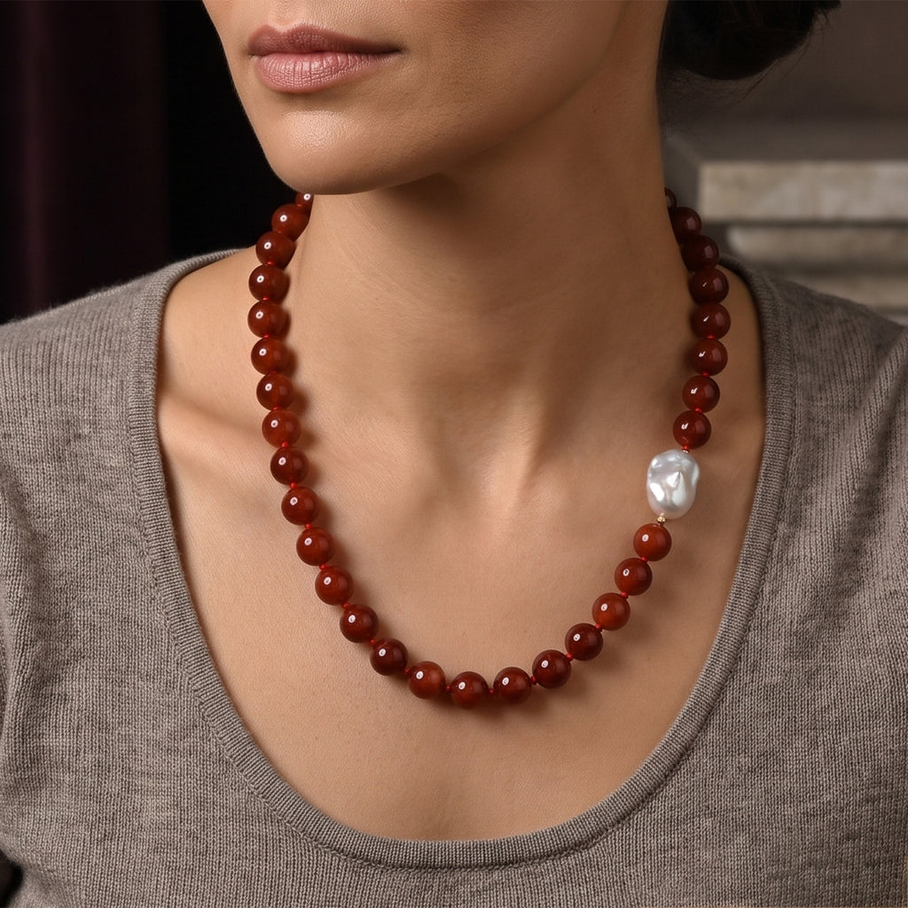 D'Joy Rote Jade, Weiße Barockperle Halskette (4-5 Werktage Lieferzeit) ca. 50 cm 925 Silber Vergoldet 320.01 ct
