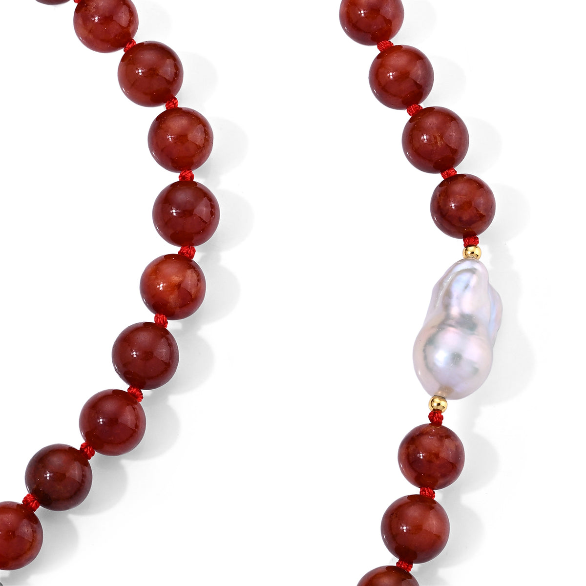 D'Joy Rote Jade, Weiße Barockperle Halskette (4-5 Werktage Lieferzeit) ca. 50 cm 925 Silber Vergoldet 320.01 ct