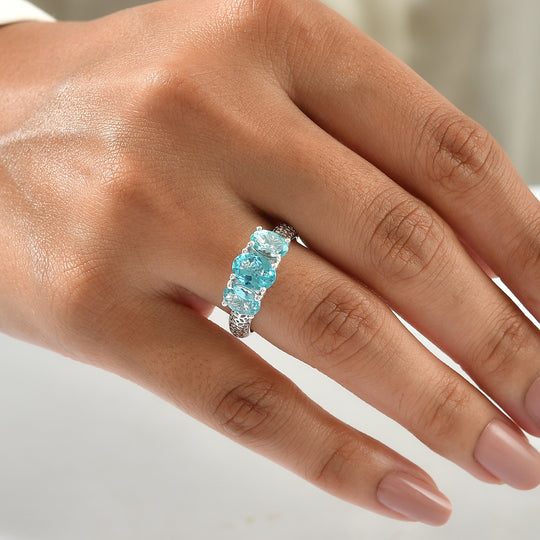 D'Joy AA Blauer Apatit Ring 925 Silber Rhodiniert (Größe 17.00) ca. 2,74 ct