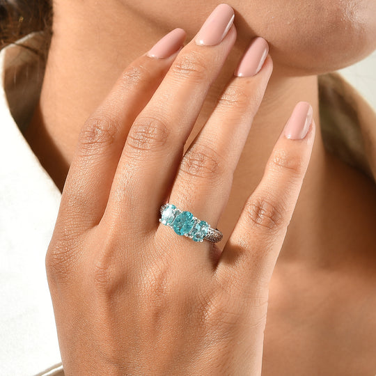 D'Joy AA Blauer Apatit Ring 925 Silber Rhodiniert (Größe 17.00) ca. 2,74 ct