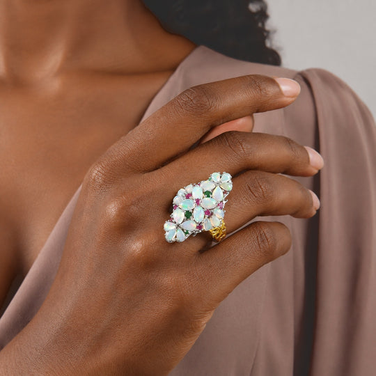 D'Joy AAA Natürlicher, äthiopischer Welo Opal Ring 925 Silber Rhodiniert und 750 Gelbgold Vermeil (Größe 19.00) ca. 6,04 ct
