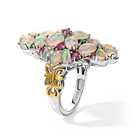 D'Joy AAA Natürlicher, äthiopischer Welo Opal Ring 925 Silber Rhodiniert und 750 Gelbgold Vermeil (Größe 19.00) ca. 6,04 ct