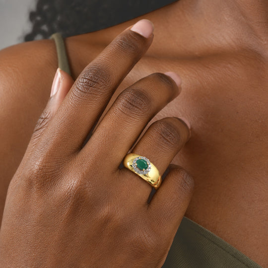 D'Joy AA Socoto Smaragd, Weißer Zirkon Ring 925 Silber 750 Vergoldet (Größe 17.00) ca. 0,59 ct
