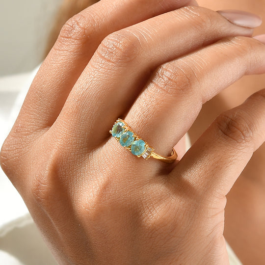 EVER TRUE Blauer Apatit, Weißer Diamant Ring Reine Bronze (Größe 21.00) ca. 1.45 ct