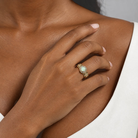 D'Joy AAA Natürlicher, äthiopischer Welo Opal, Weißer Zirkon Ring 925 Silber 750 Gelbgold vermeil (Größe 18.00) ca. 1,86 ct