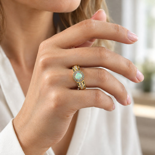 D'Joy AAA Natürlicher, äthiopischer Welo Opal, Weißer Zirkon Ring 925 Silber 750 Gelbgold vermeil (Größe 18.00) ca. 1,86 ct