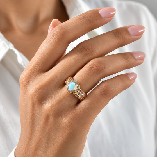 D'Joy AAA Natürlicher, äthiopischer Welo Opal, Weißer Zirkon Ring 925 Silber 750 Gelbgold vermeil (Größe 21.00) ca. 1,86 ct